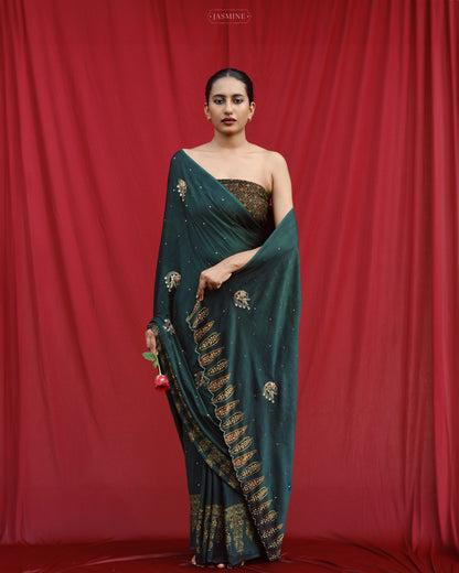 Ajrakh modal silk handworked saree