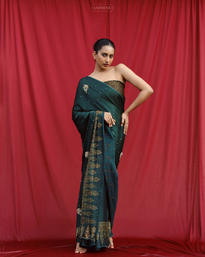 Ajrakh modal silk handworked saree