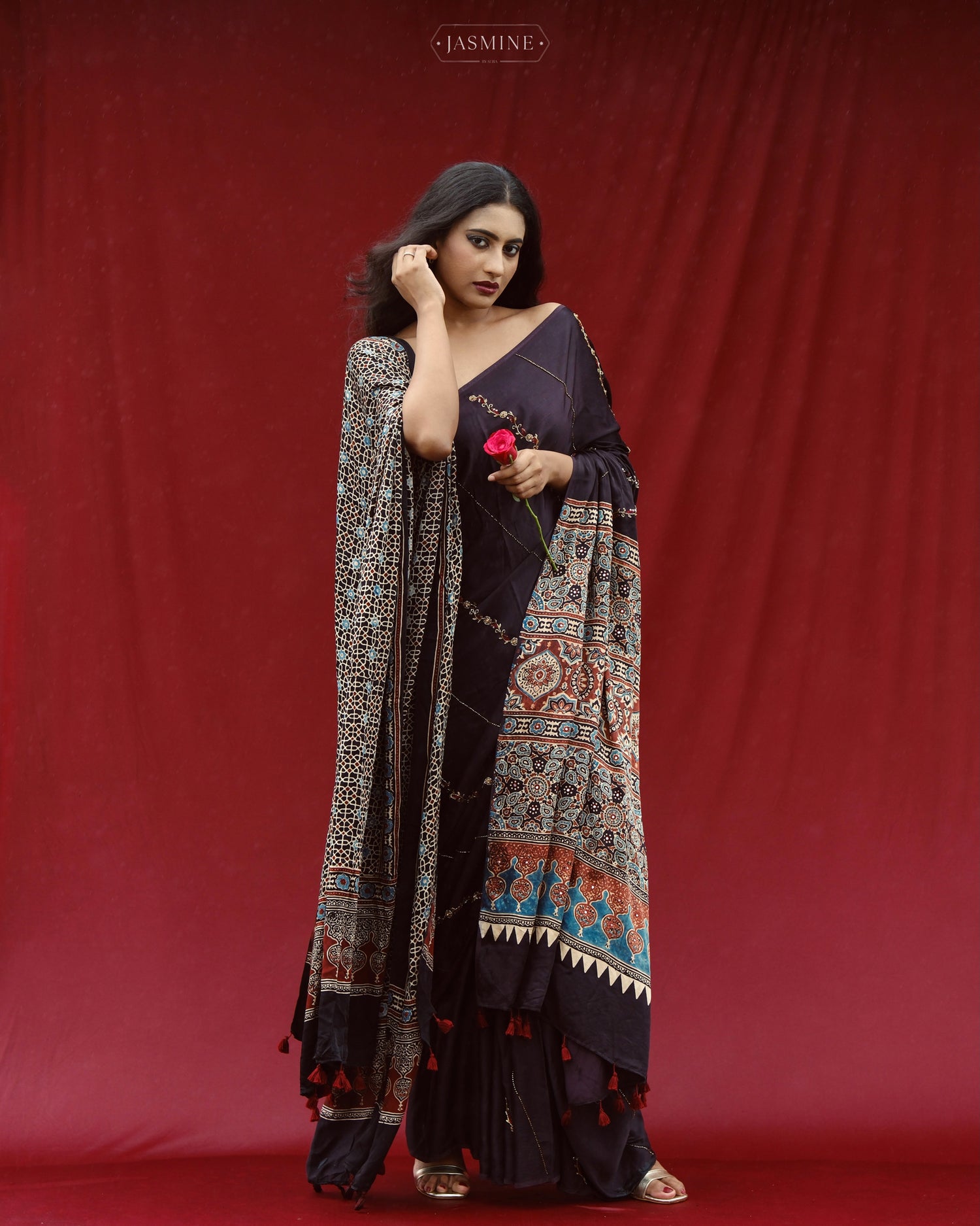 Ajrakh modal silk handworked saree with modal silk handworked dupatta