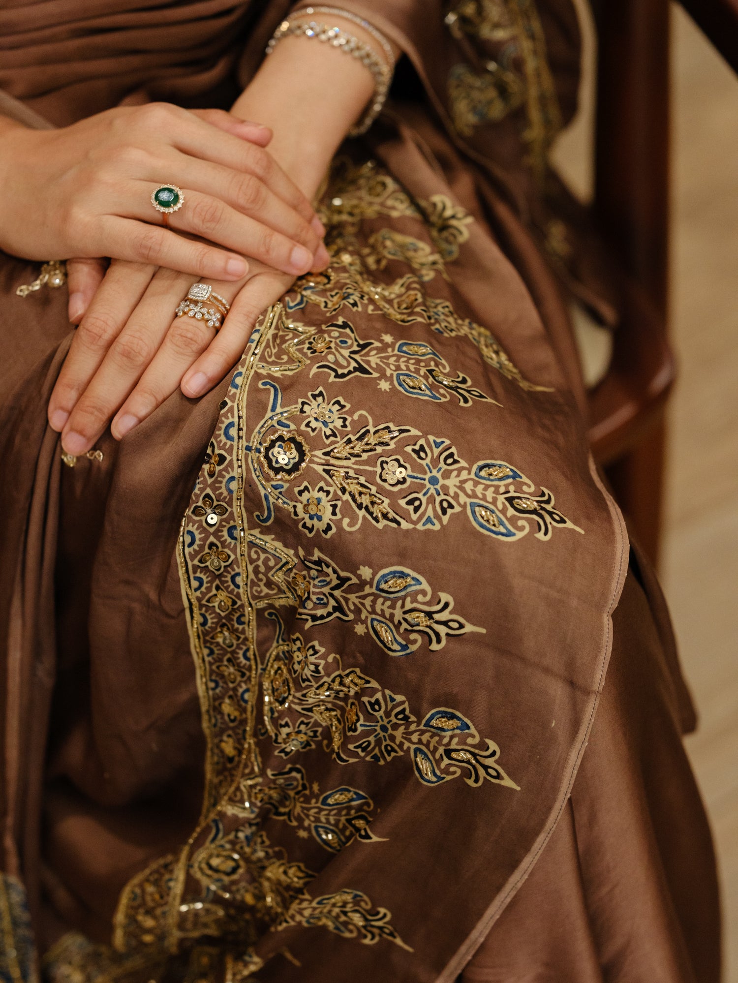Ajrakh pure modal silk hand dyed, hand block printed and handworked saree