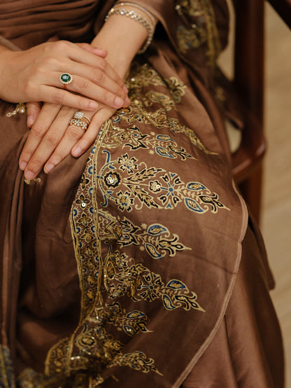 Ajrakh pure modal silk hand dyed, hand block printed and handworked saree