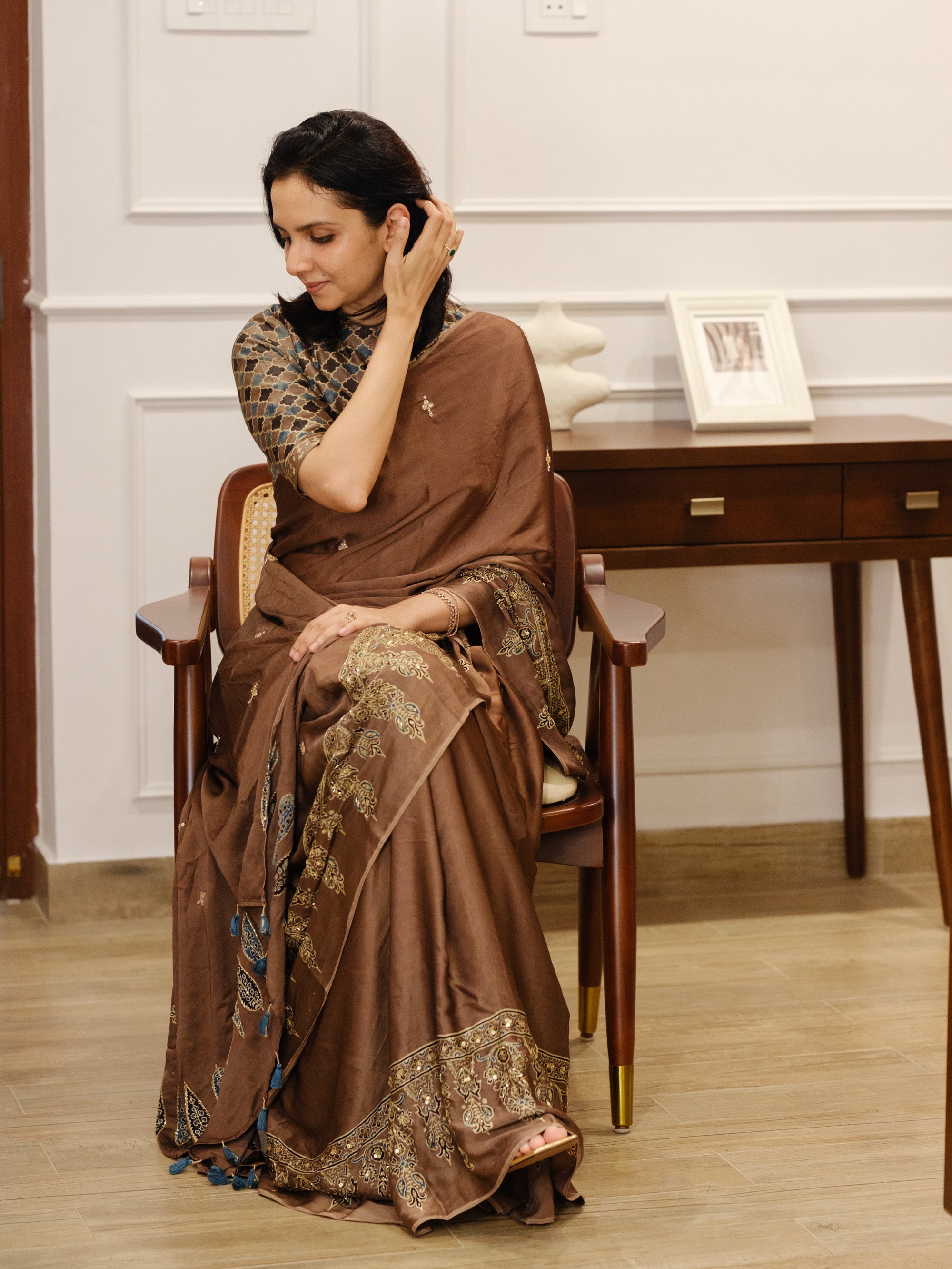 Ajrakh pure modal silk hand dyed, hand block printed and handworked saree