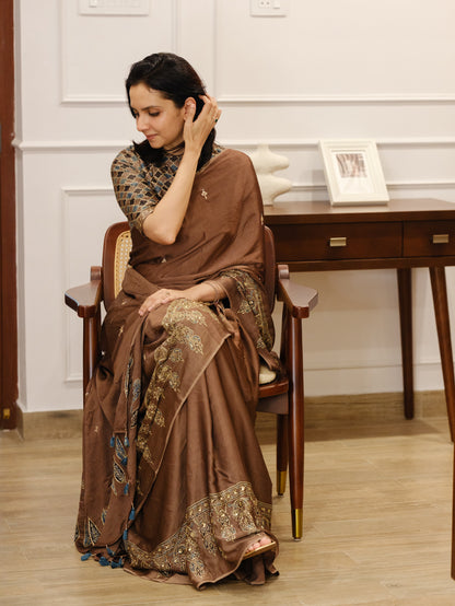 Ajrakh pure modal silk hand dyed, hand block printed and handworked saree
