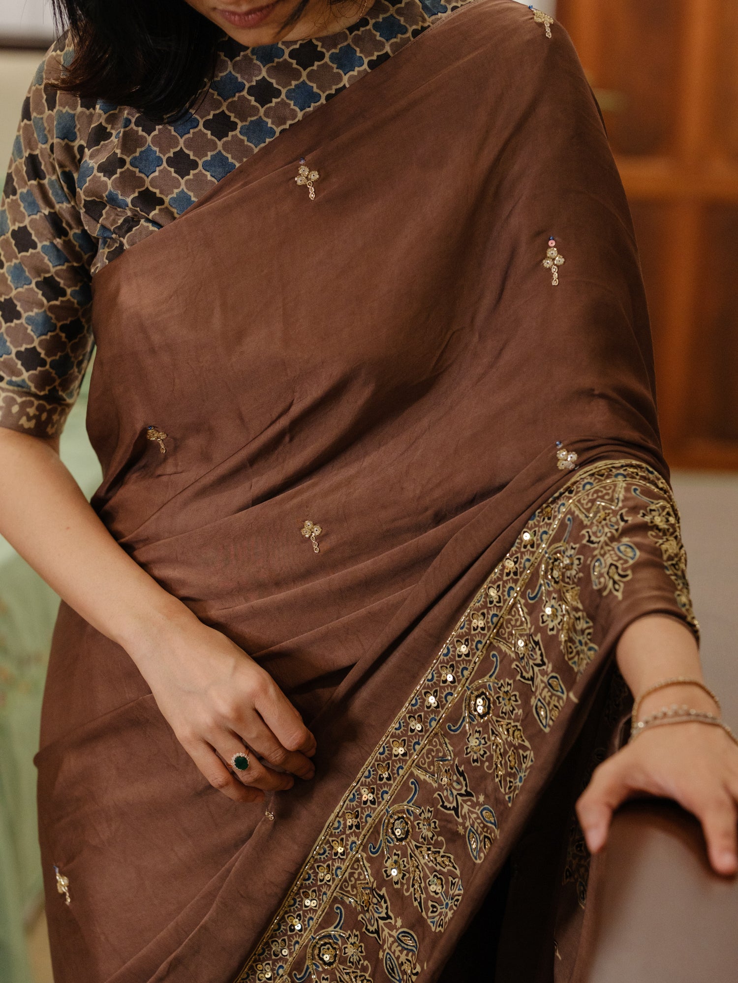 Ajrakh pure modal silk hand dyed, hand block printed and handworked saree