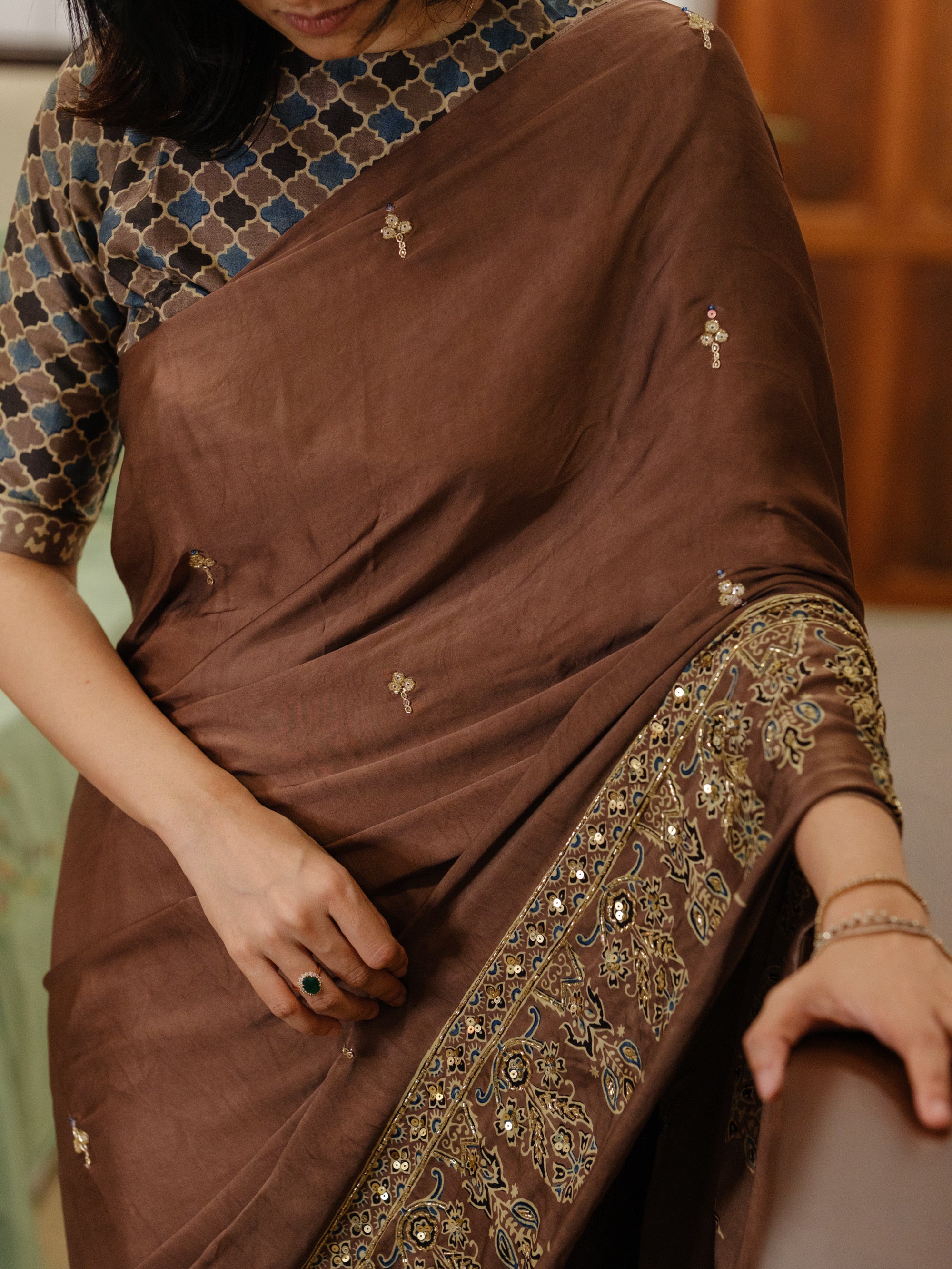 Ajrakh pure modal silk hand dyed, hand block printed and handworked saree