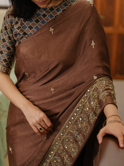 Ajrakh pure modal silk hand dyed, hand block printed and handworked saree