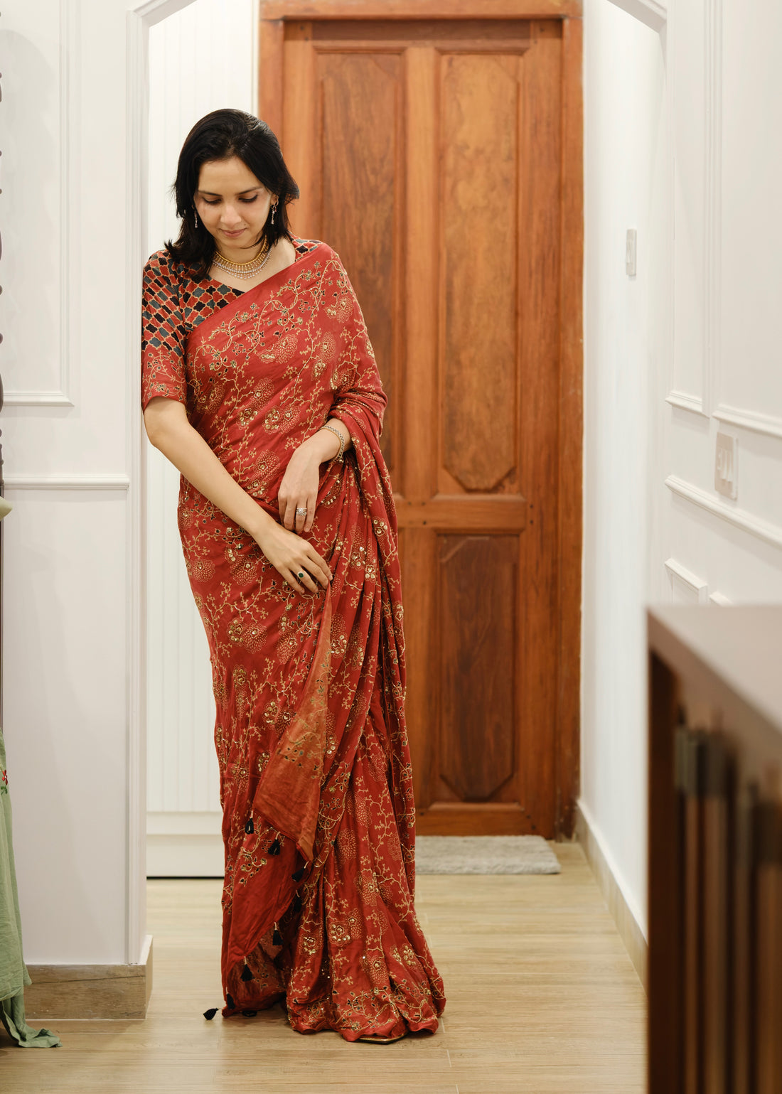Ajrakh bridal pure handloom gajji silk hand dyed, hand block printed and handworked saree