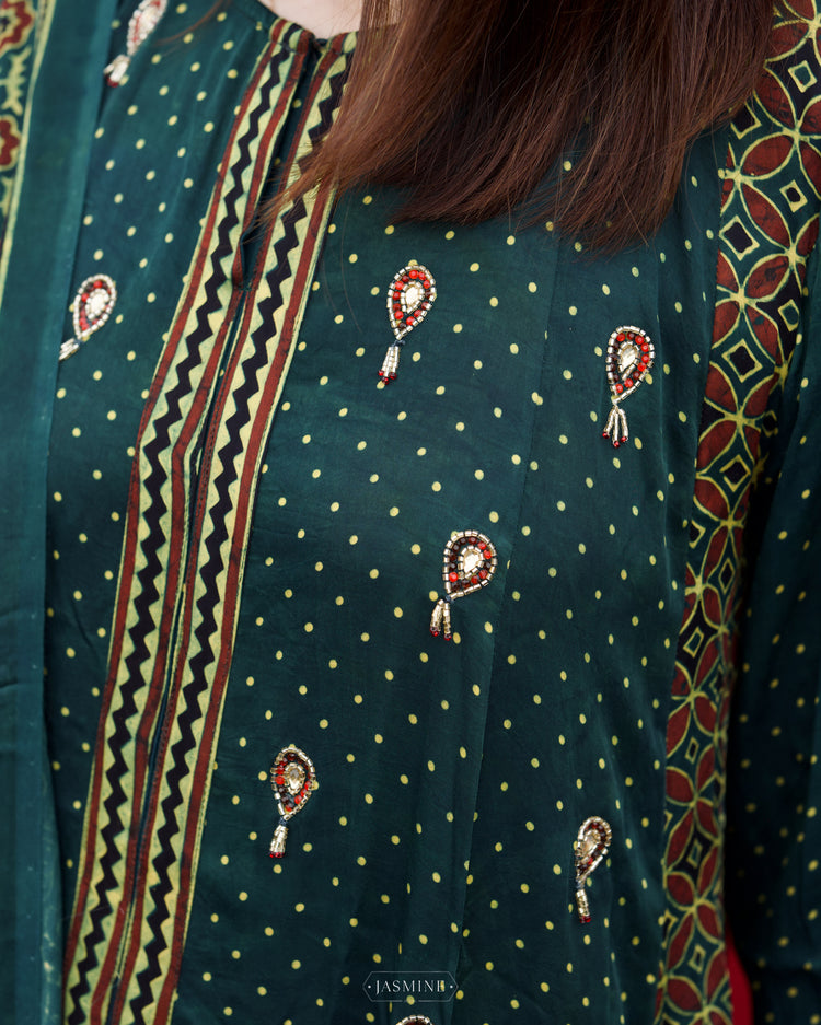 Emerald Green Ajrakh Fusion Set main image 1