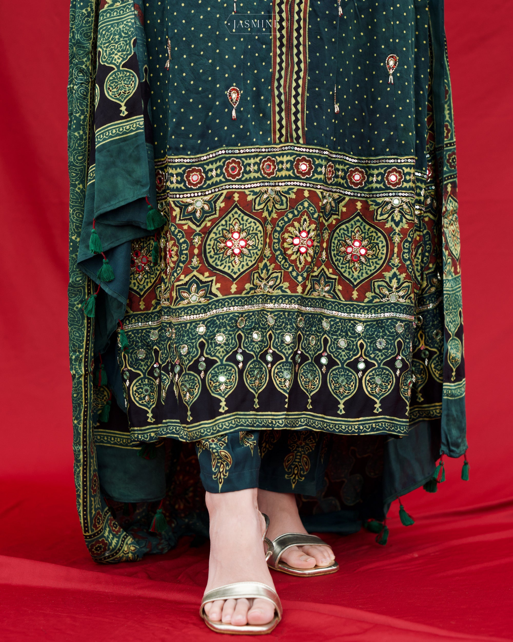 Ajrakh modal silk A line salwar set with cut bead handwork