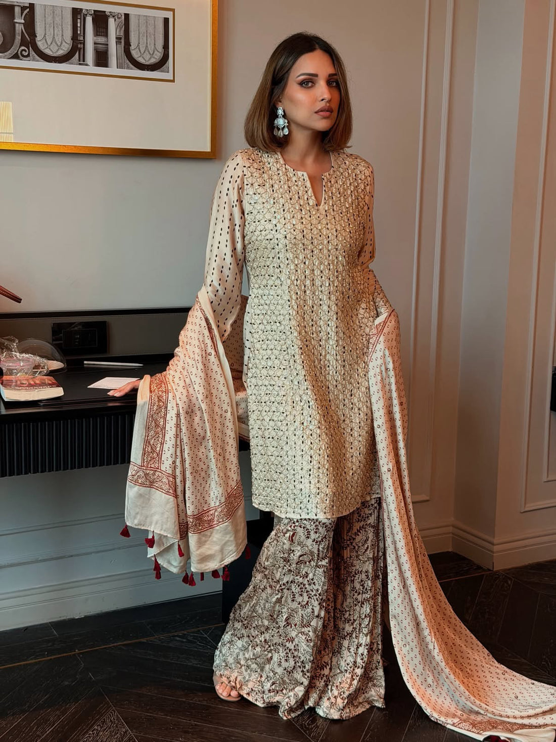 Ajrakh hand dyed hand block printed modal silk sharara set with cut bead handwork
