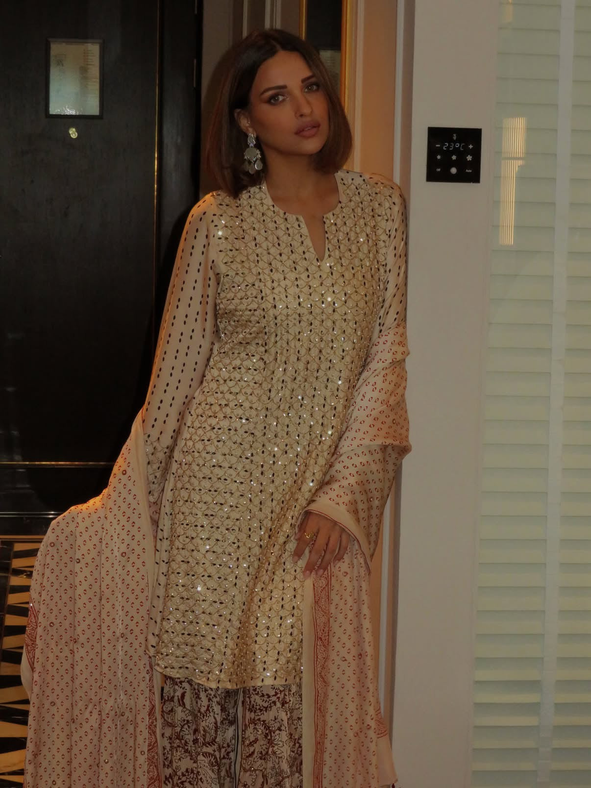 Ajrakh hand dyed hand block printed modal silk sharara set with cut bead handwork