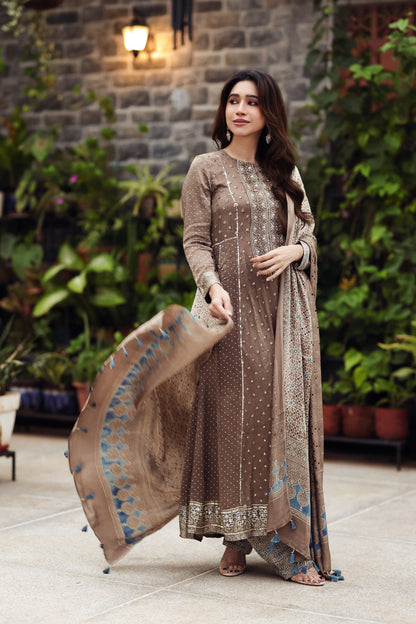 Ajrakh hand dyed hand block printed modal silk panel cut salwar set with cut bead handwork
