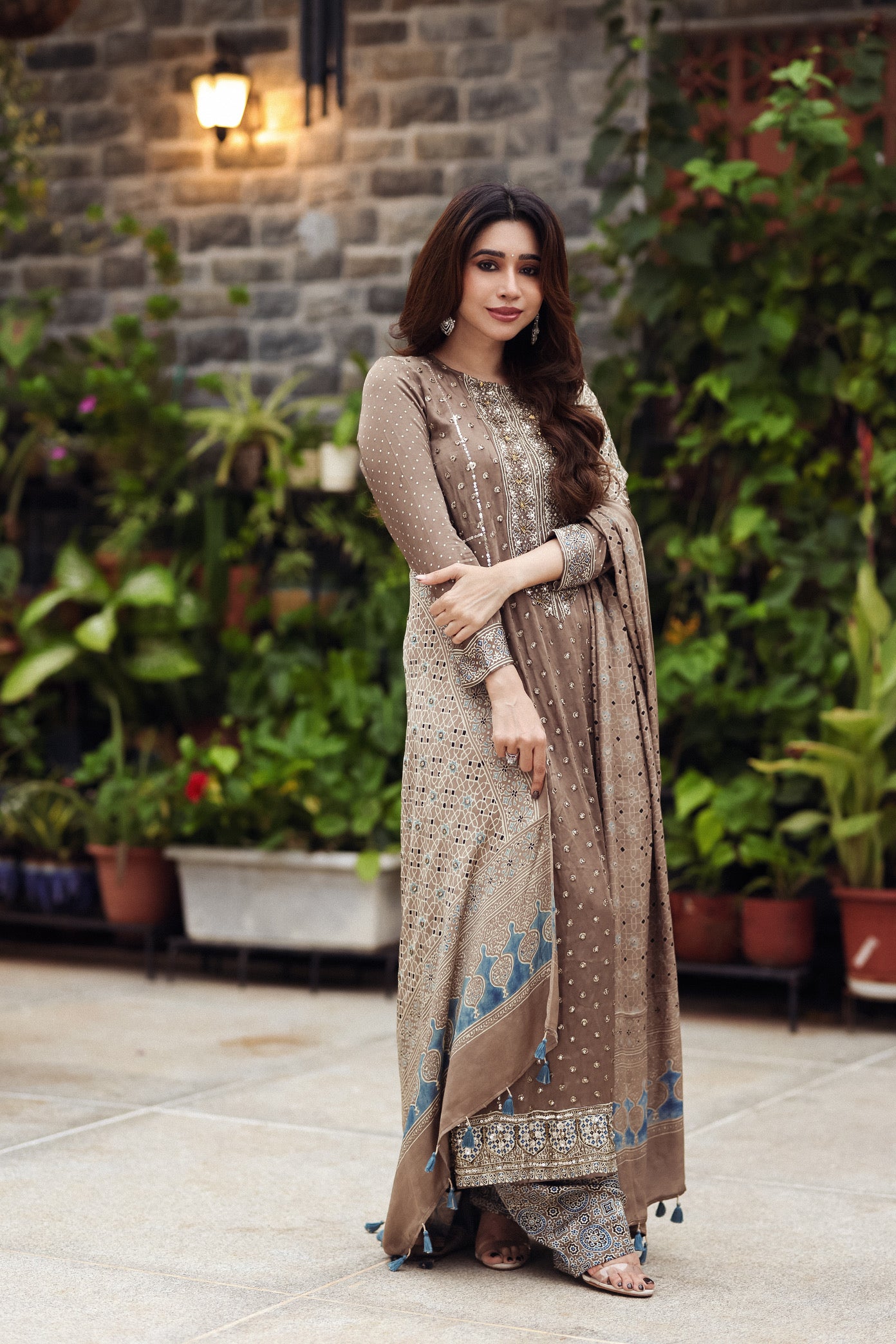 Ajrakh hand dyed hand block printed modal silk panel cut salwar set with cut bead handwork