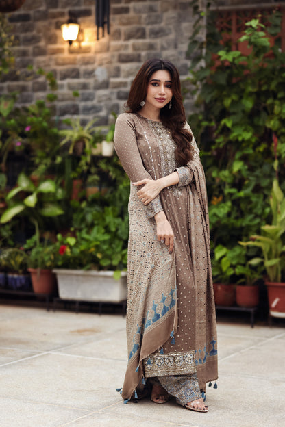Ajrakh hand dyed hand block printed modal silk panel cut salwar set with cut bead handwork
