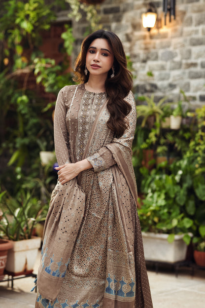 Ajrakh hand dyed hand block printed modal silk panel cut salwar set with cut bead handwork