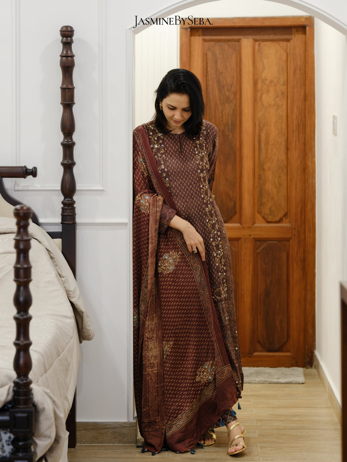 Bespoke ‘Jasmine’ hand block printed Ajrakh handcrafted pure handloom tusshar silk panel cut salwar set with cut bead handwork