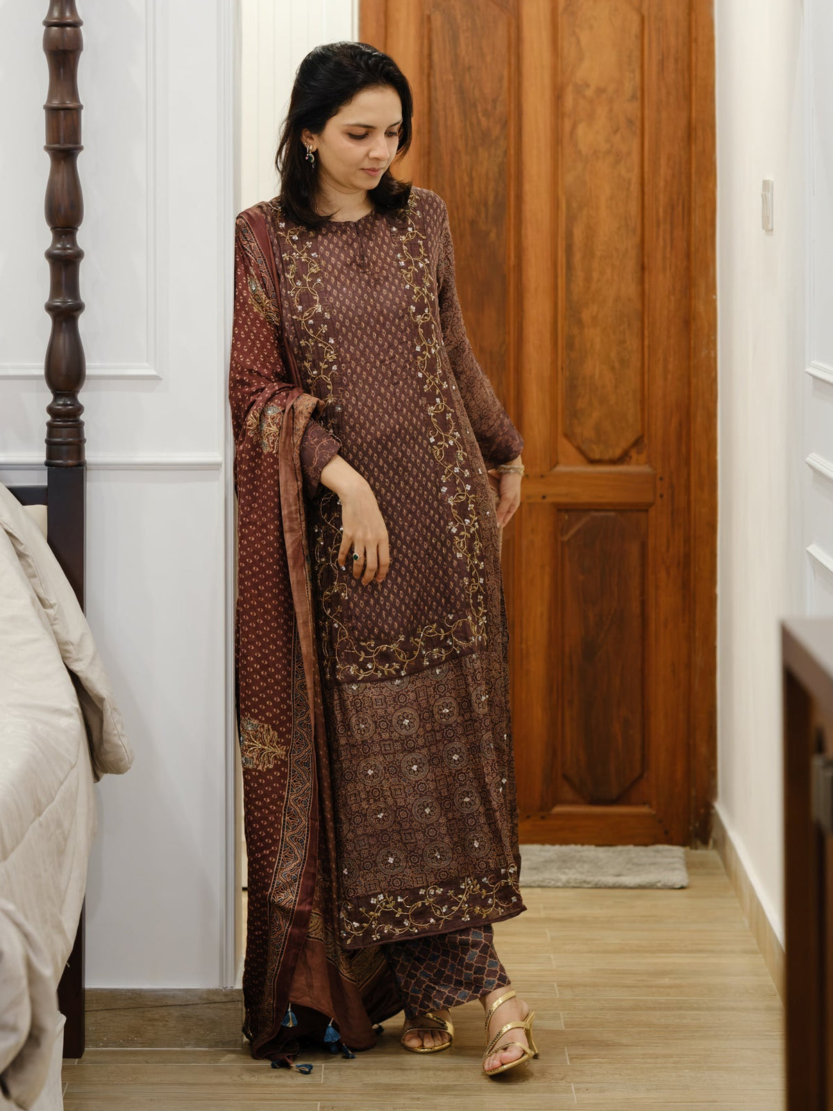 Bespoke ‘Jasmine’ hand block printed Ajrakh handcrafted pure handloom tusshar silk panel cut salwar set with cut bead handwork