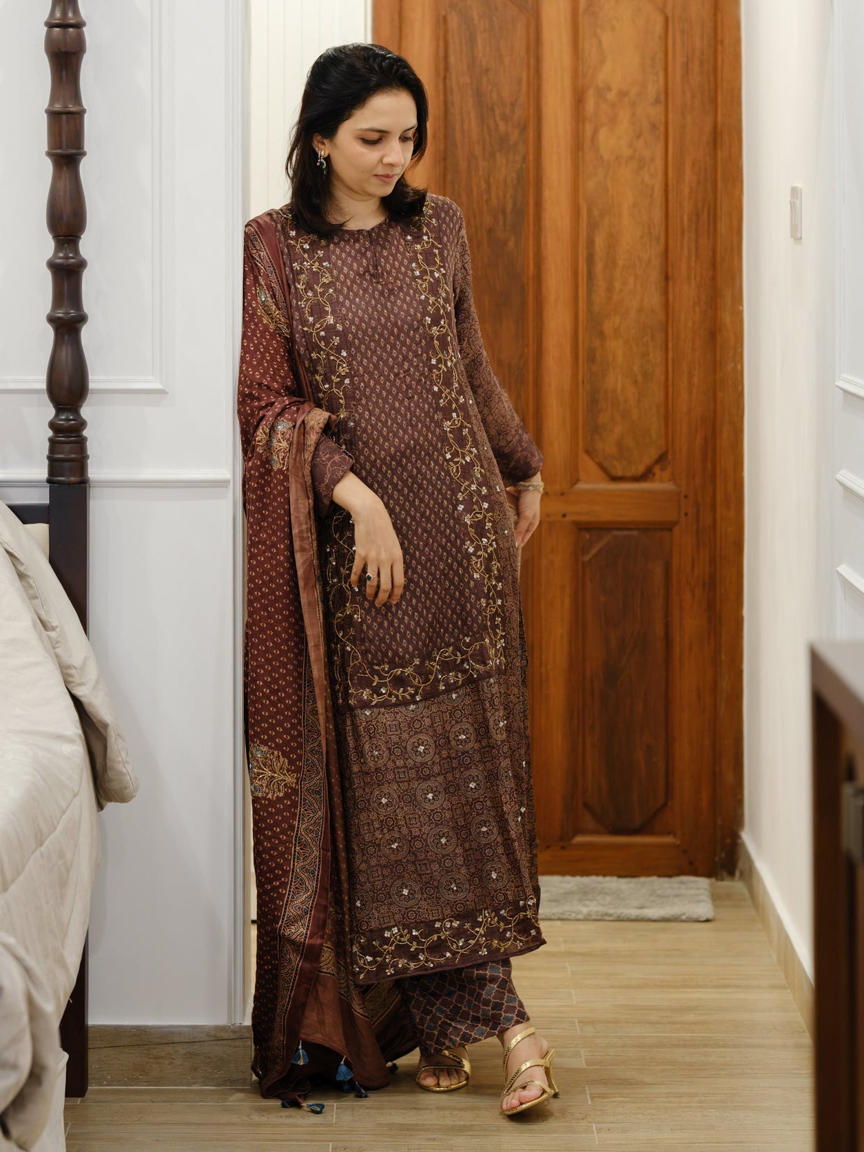 Bespoke ‘Jasmine’ hand block printed Ajrakh handcrafted pure handloom tusshar silk panel cut salwar set with cut bead handwork