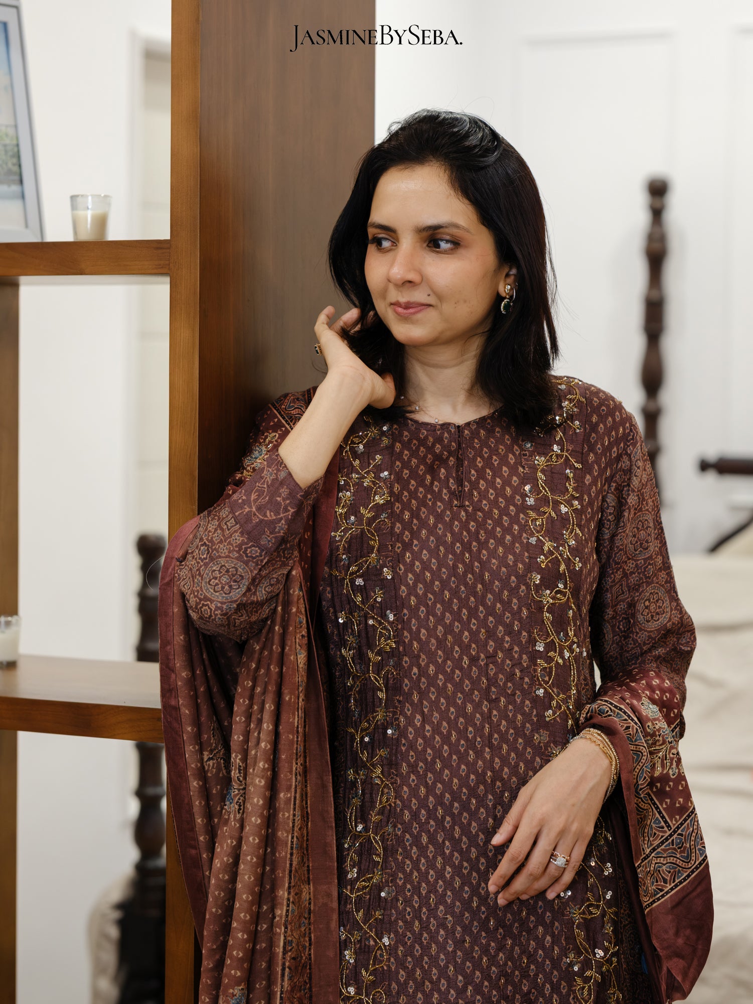 Bespoke ‘Jasmine’ hand block printed Ajrakh handcrafted pure handloom tusshar silk panel cut salwar set with cut bead handwork