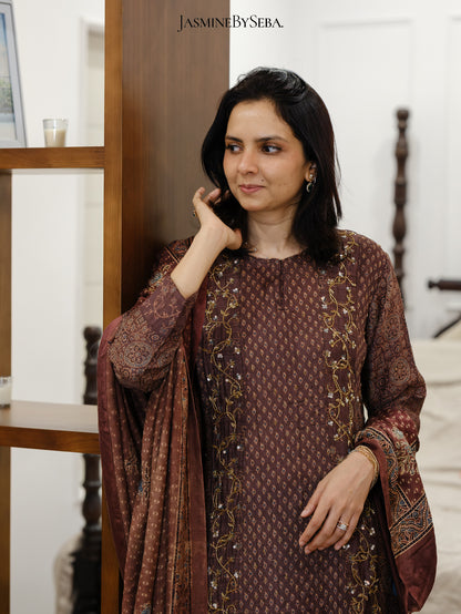 Bespoke ‘Jasmine’ hand block printed Ajrakh handcrafted pure handloom tusshar silk panel cut salwar set with cut bead handwork