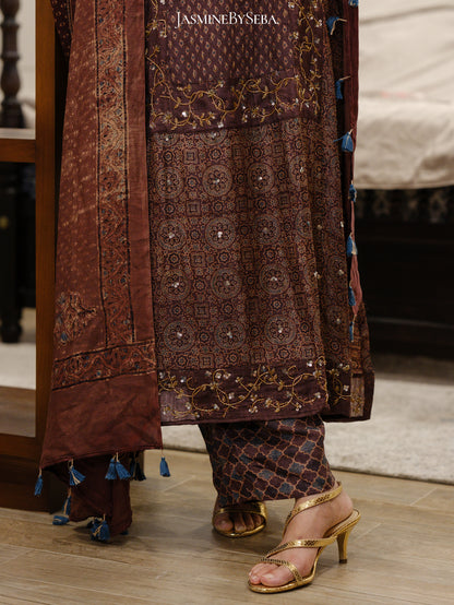 Bespoke ‘Jasmine’ hand block printed Ajrakh handcrafted pure handloom tusshar silk panel cut salwar set with cut bead handwork