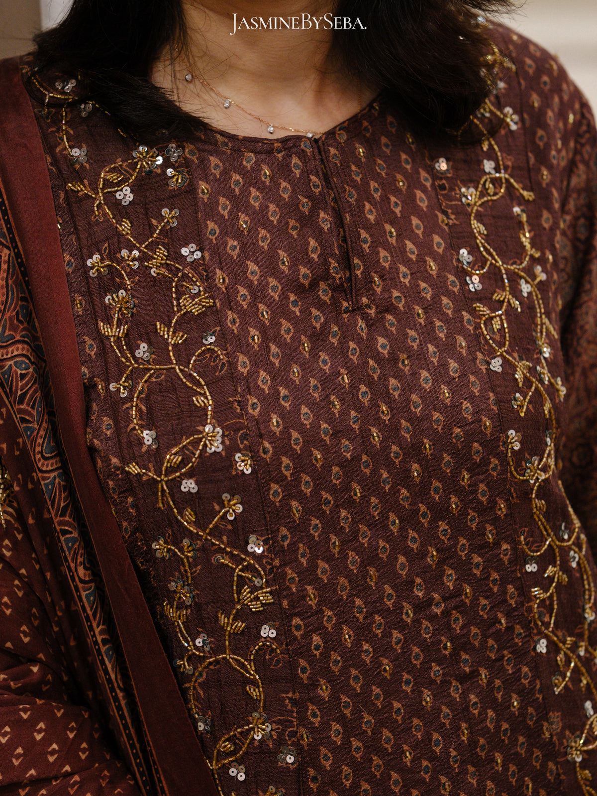Bespoke ‘Jasmine’ hand block printed Ajrakh handcrafted pure handloom tusshar silk panel cut salwar set with cut bead handwork