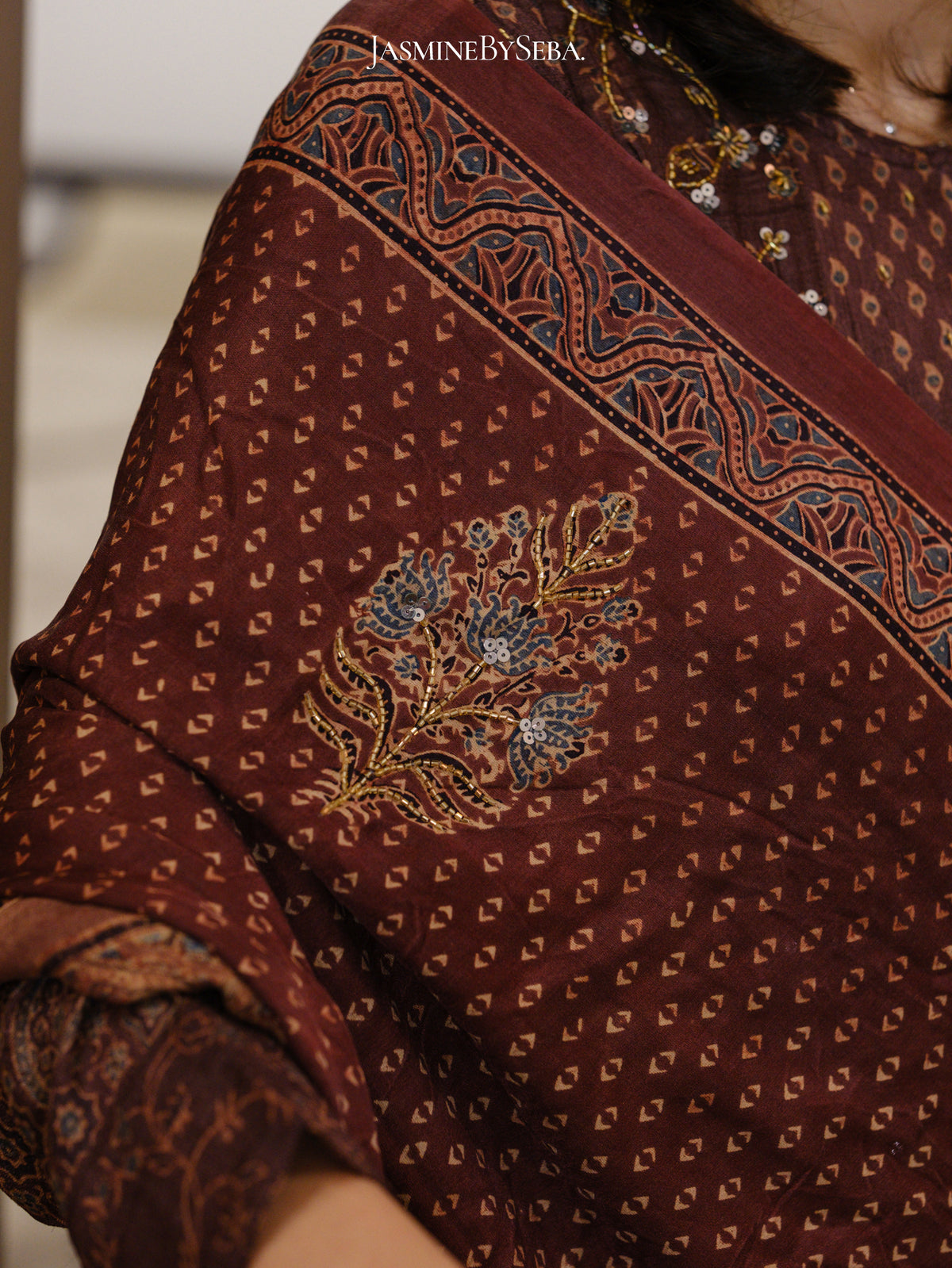 Bespoke ‘Jasmine’ hand block printed Ajrakh handcrafted pure handloom tusshar silk panel cut salwar set with cut bead handwork