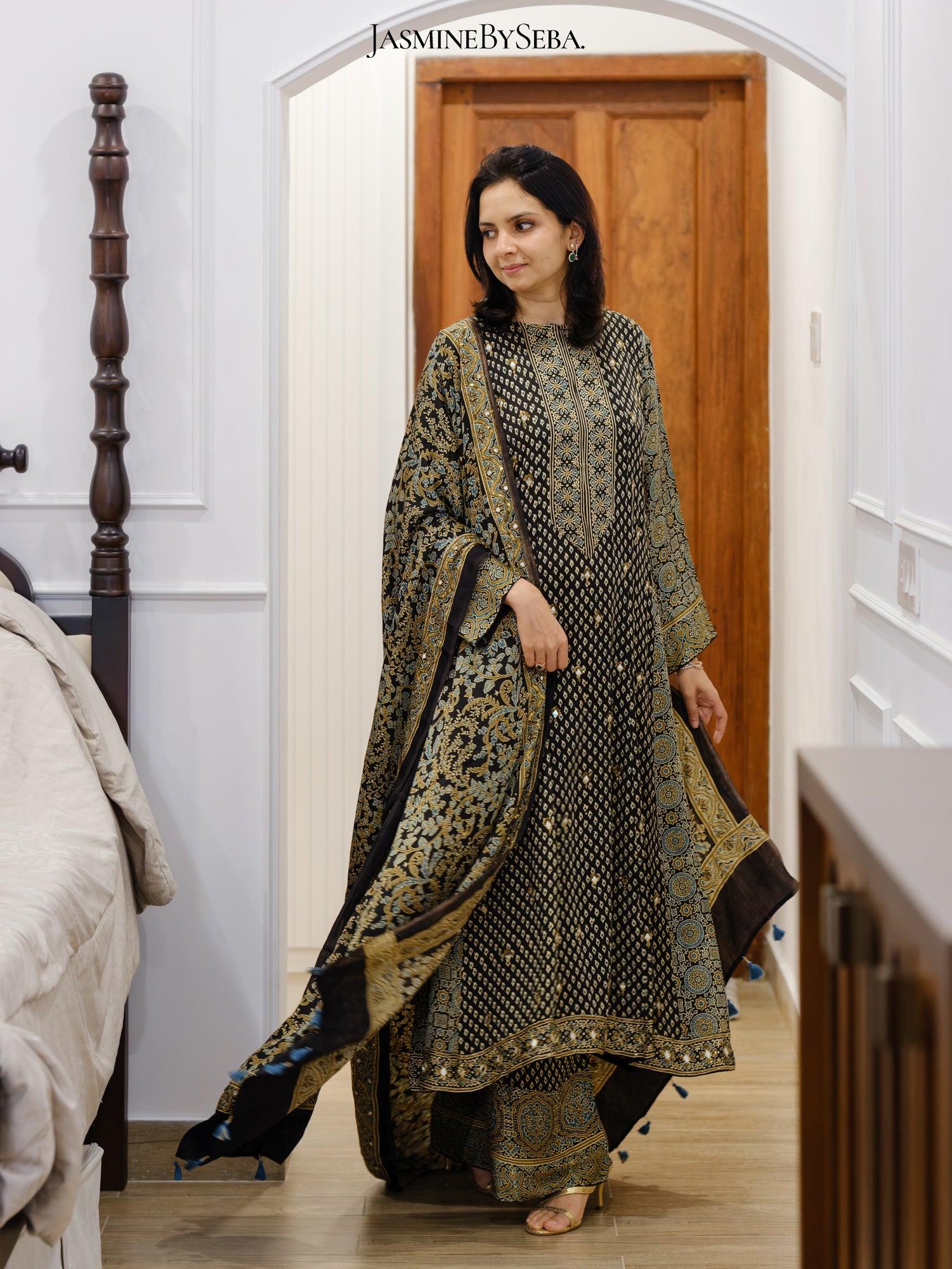 Bespoke ‘Jasmine’ hand block printed Ajrakh handcrafted modal silk panel cut salwar set with cut bead handwork