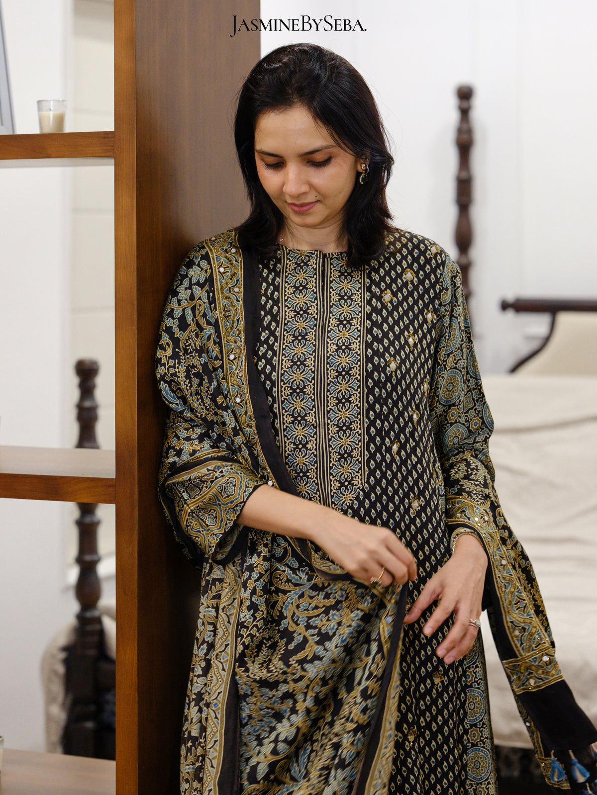 Bespoke ‘Jasmine’ hand block printed Ajrakh handcrafted modal silk panel cut salwar set with cut bead handwork