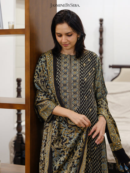 Bespoke ‘Jasmine’ hand block printed Ajrakh handcrafted modal silk panel cut salwar set with cut bead handwork