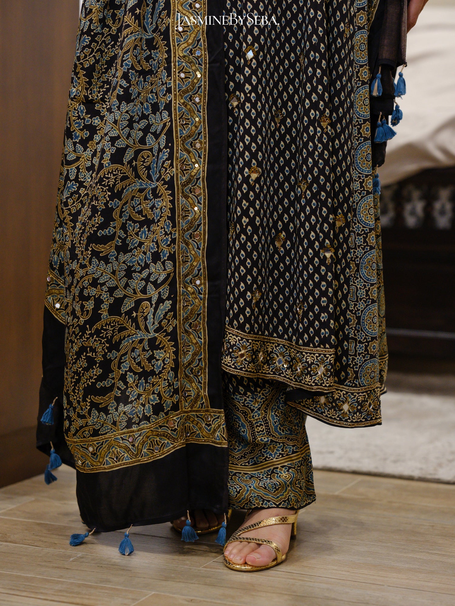 Bespoke ‘Jasmine’ hand block printed Ajrakh handcrafted modal silk panel cut salwar set with cut bead handwork