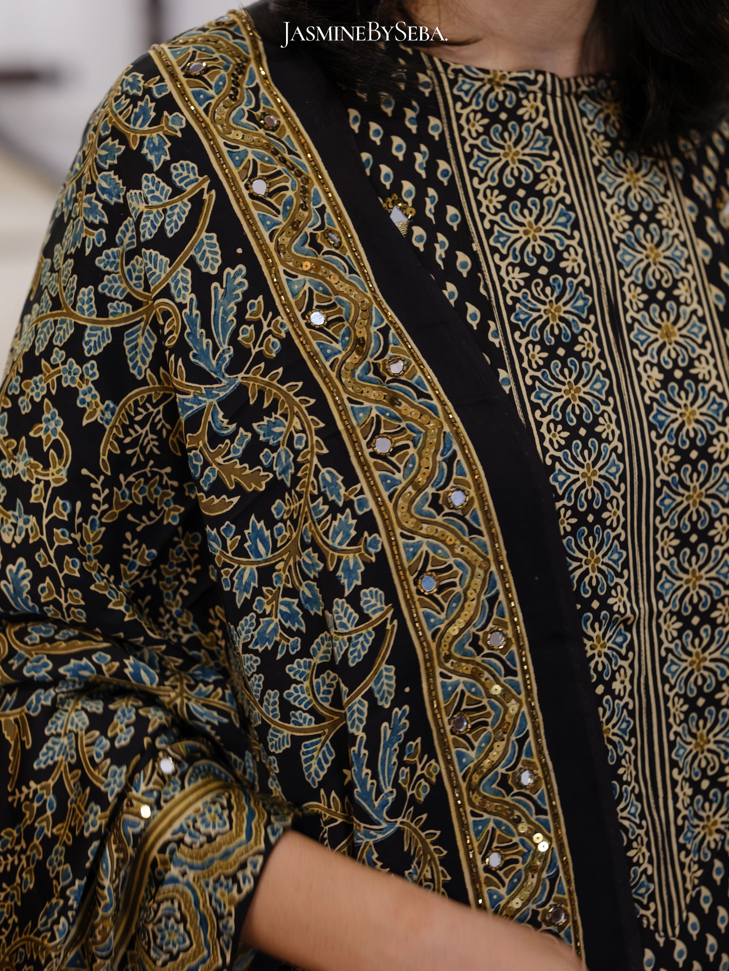Bespoke ‘Jasmine’ hand block printed Ajrakh handcrafted modal silk panel cut salwar set with cut bead handwork