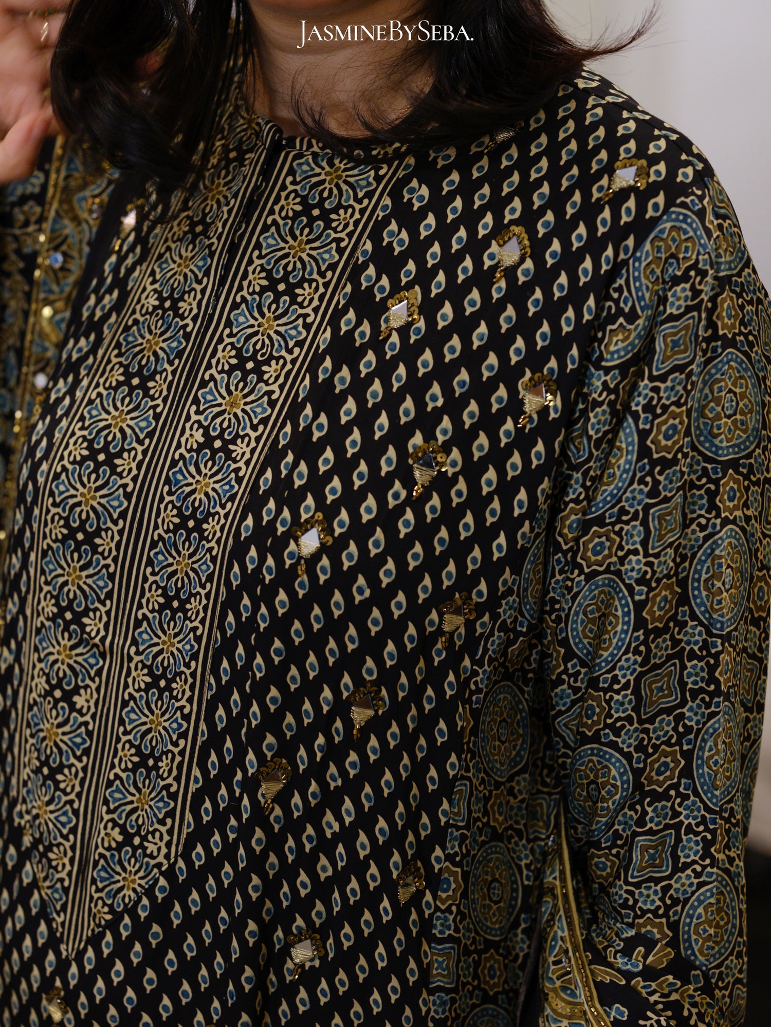 Bespoke ‘Jasmine’ hand block printed Ajrakh handcrafted modal silk panel cut salwar set with cut bead handwork