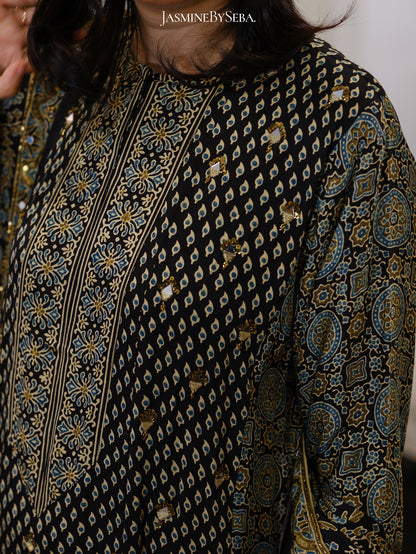 Bespoke ‘Jasmine’ hand block printed Ajrakh handcrafted modal silk panel cut salwar set with cut bead handwork