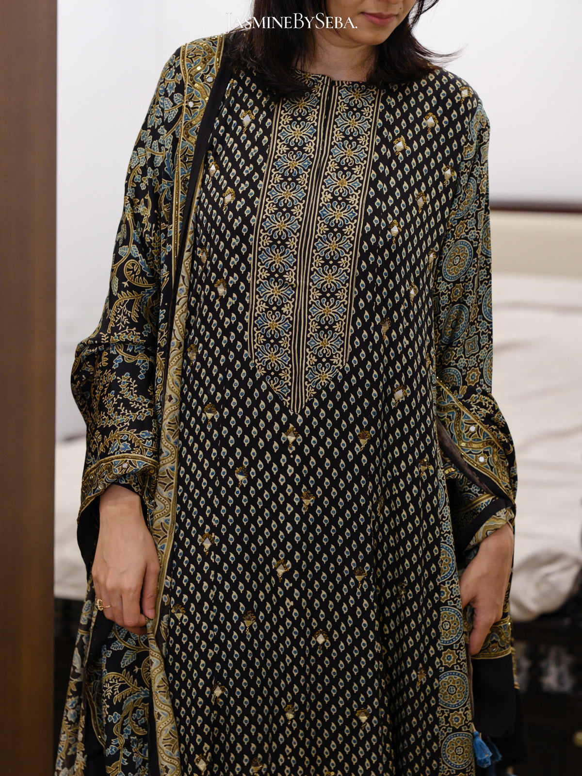 Bespoke ‘Jasmine’ hand block printed Ajrakh handcrafted modal silk panel cut salwar set with cut bead handwork