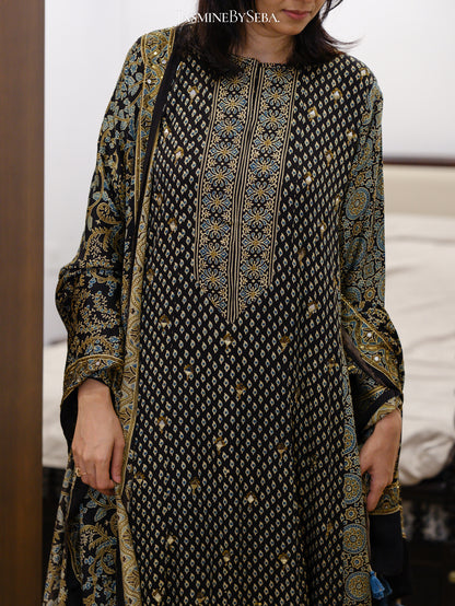 Bespoke ‘Jasmine’ hand block printed Ajrakh handcrafted modal silk panel cut salwar set with cut bead handwork