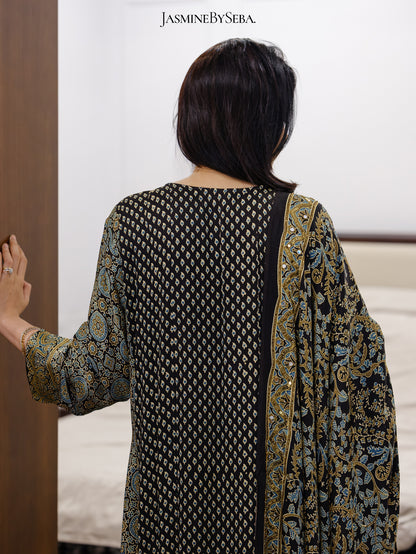 Bespoke ‘Jasmine’ hand block printed Ajrakh handcrafted modal silk panel cut salwar set with cut bead handwork