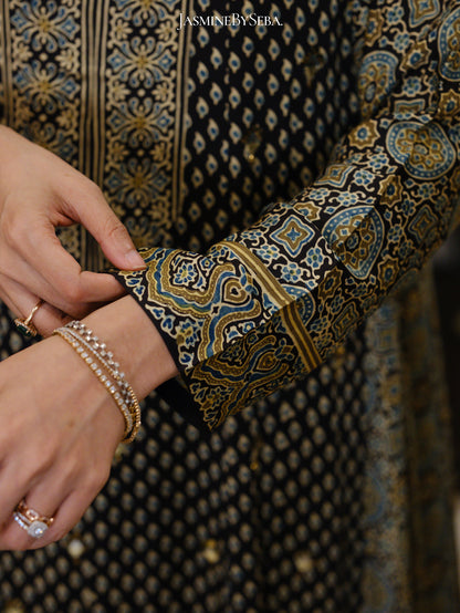 Bespoke ‘Jasmine’ hand block printed Ajrakh handcrafted modal silk panel cut salwar set with cut bead handwork