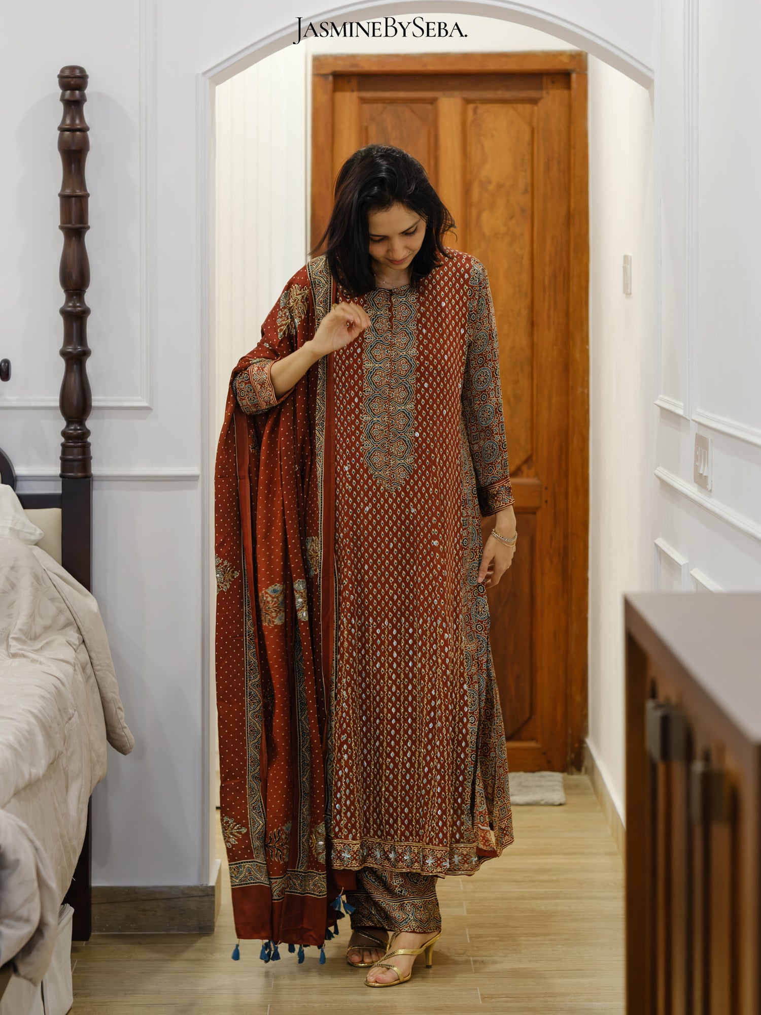 Bespoke ‘Jasmine’ hand block printed Ajrakh handcrafted modal silk panel cut salwar set with cut bead handwork