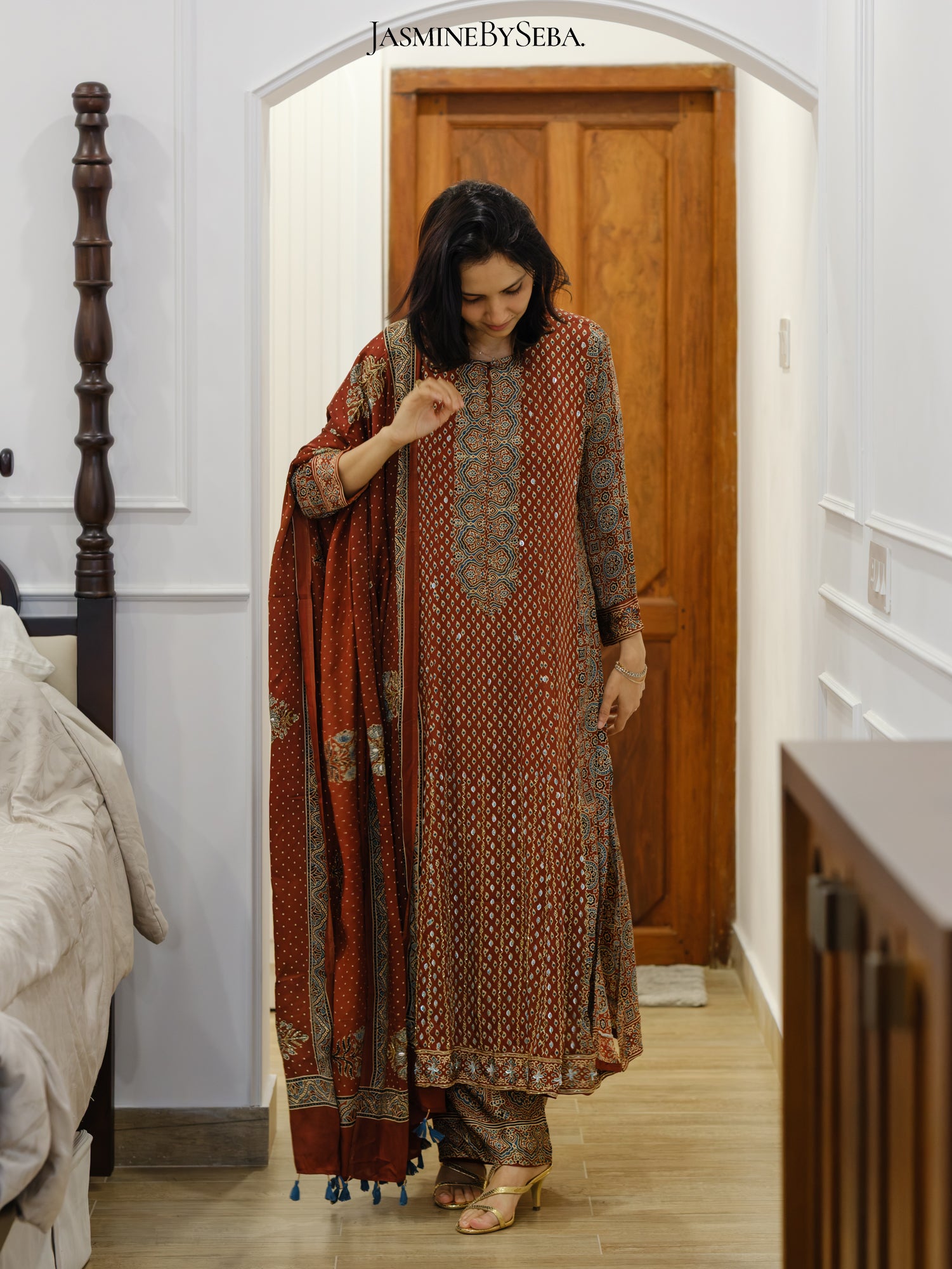 Bespoke ‘Jasmine’ hand block printed Ajrakh handcrafted modal silk panel cut salwar set with cut bead handwork