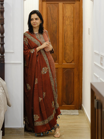 Bespoke ‘Jasmine’ hand block printed Ajrakh handcrafted modal silk panel cut salwar set with cut bead handwork