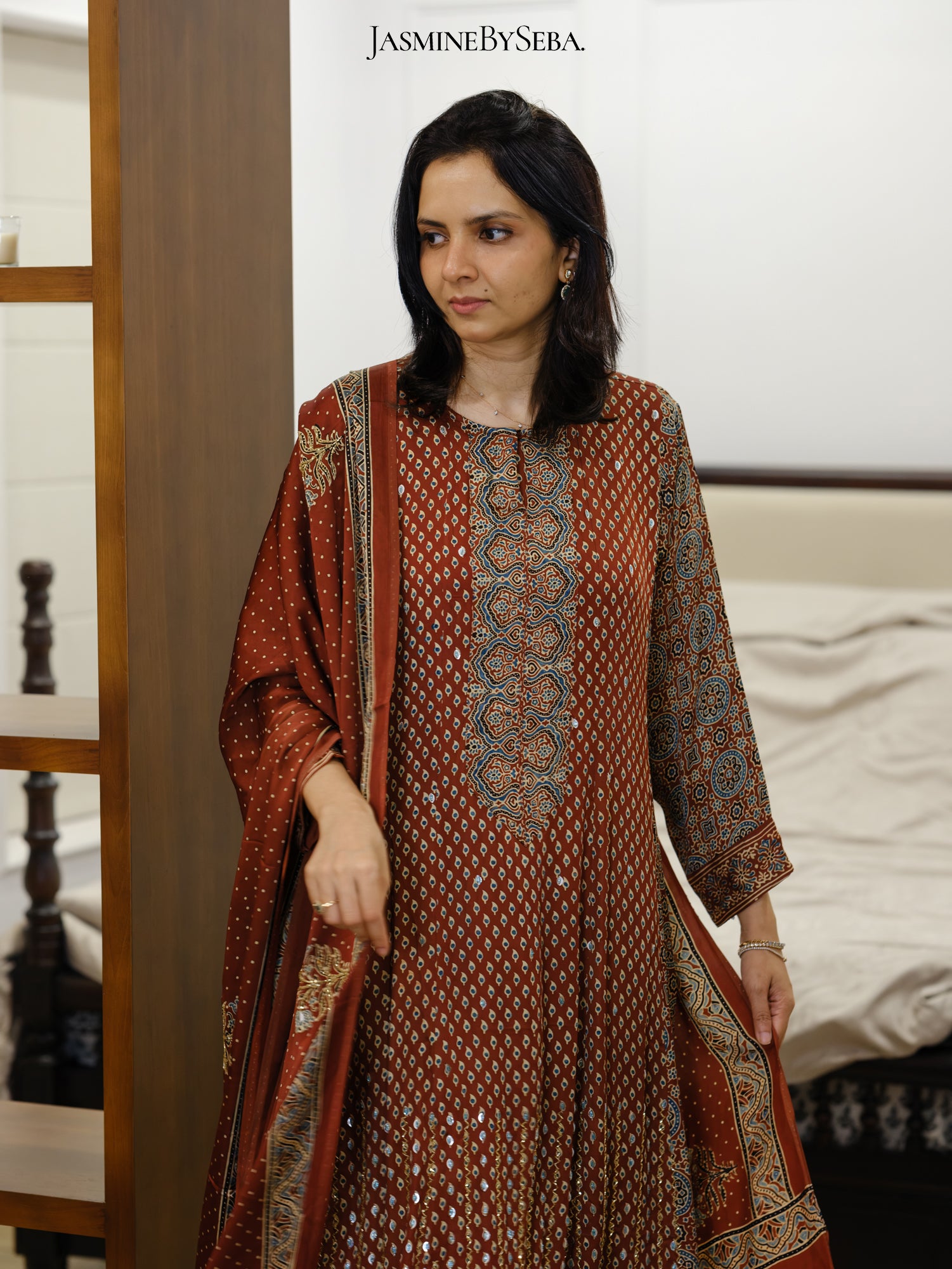 Bespoke ‘Jasmine’ hand block printed Ajrakh handcrafted modal silk panel cut salwar set with cut bead handwork