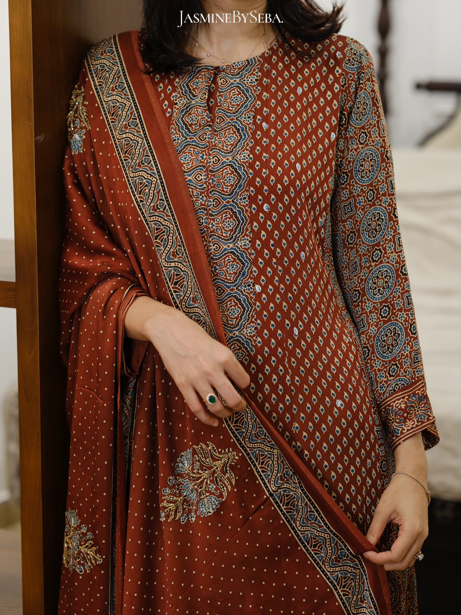 Bespoke ‘Jasmine’ hand block printed Ajrakh handcrafted modal silk panel cut salwar set with cut bead handwork
