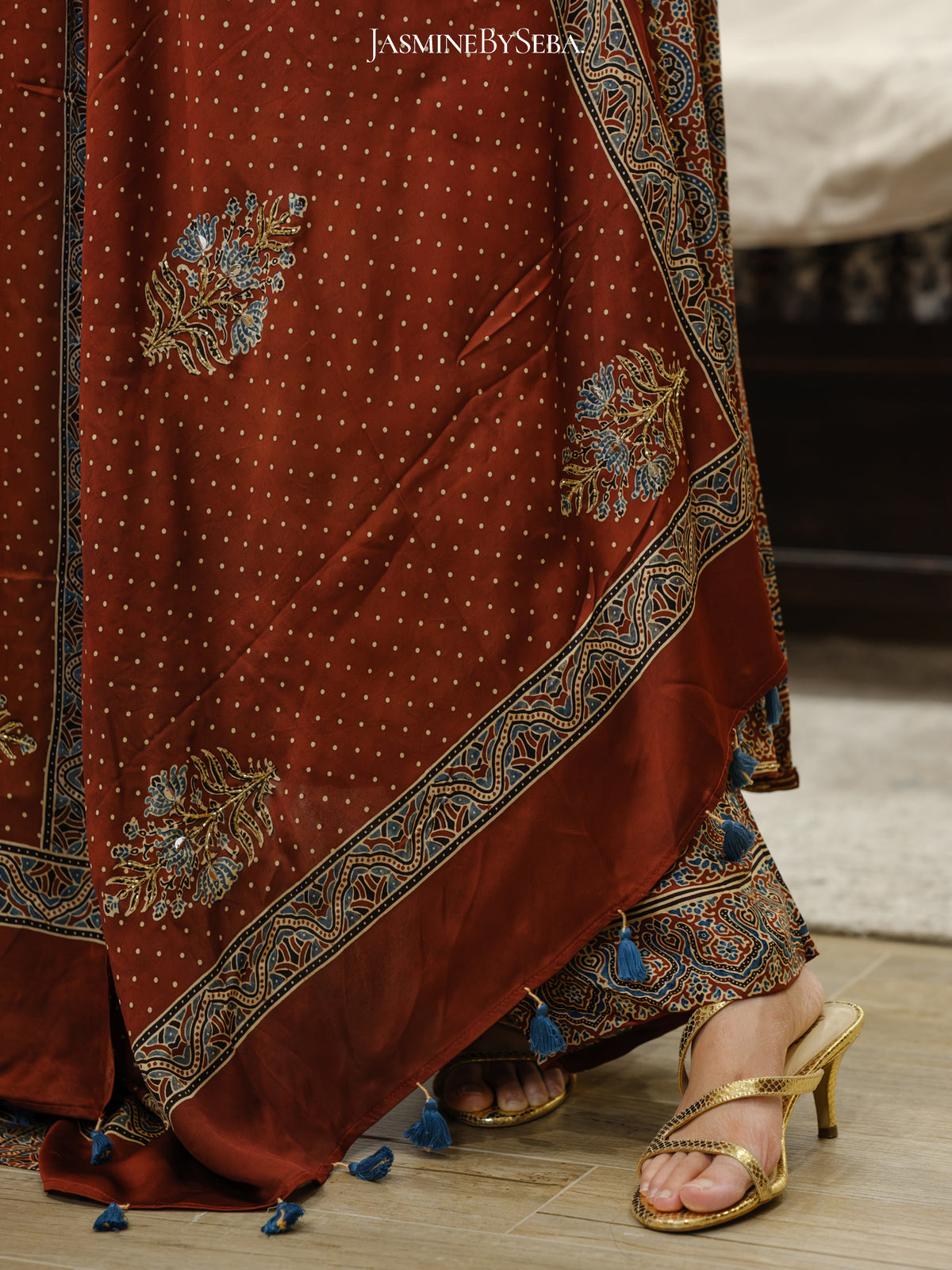 Bespoke ‘Jasmine’ hand block printed Ajrakh handcrafted modal silk panel cut salwar set with cut bead handwork