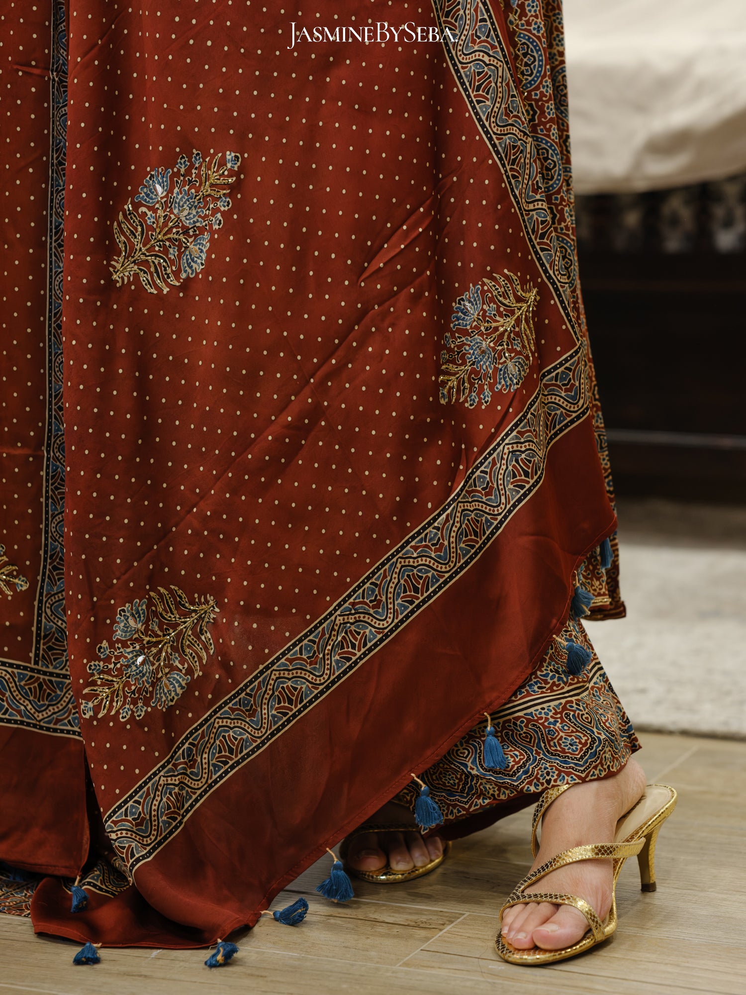 Bespoke ‘Jasmine’ hand block printed Ajrakh handcrafted modal silk panel cut salwar set with cut bead handwork