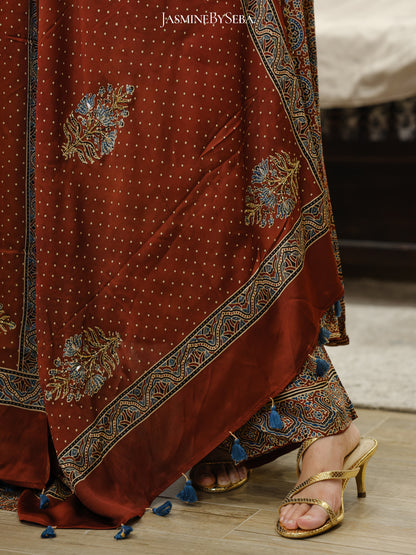 Bespoke ‘Jasmine’ hand block printed Ajrakh handcrafted modal silk panel cut salwar set with cut bead handwork
