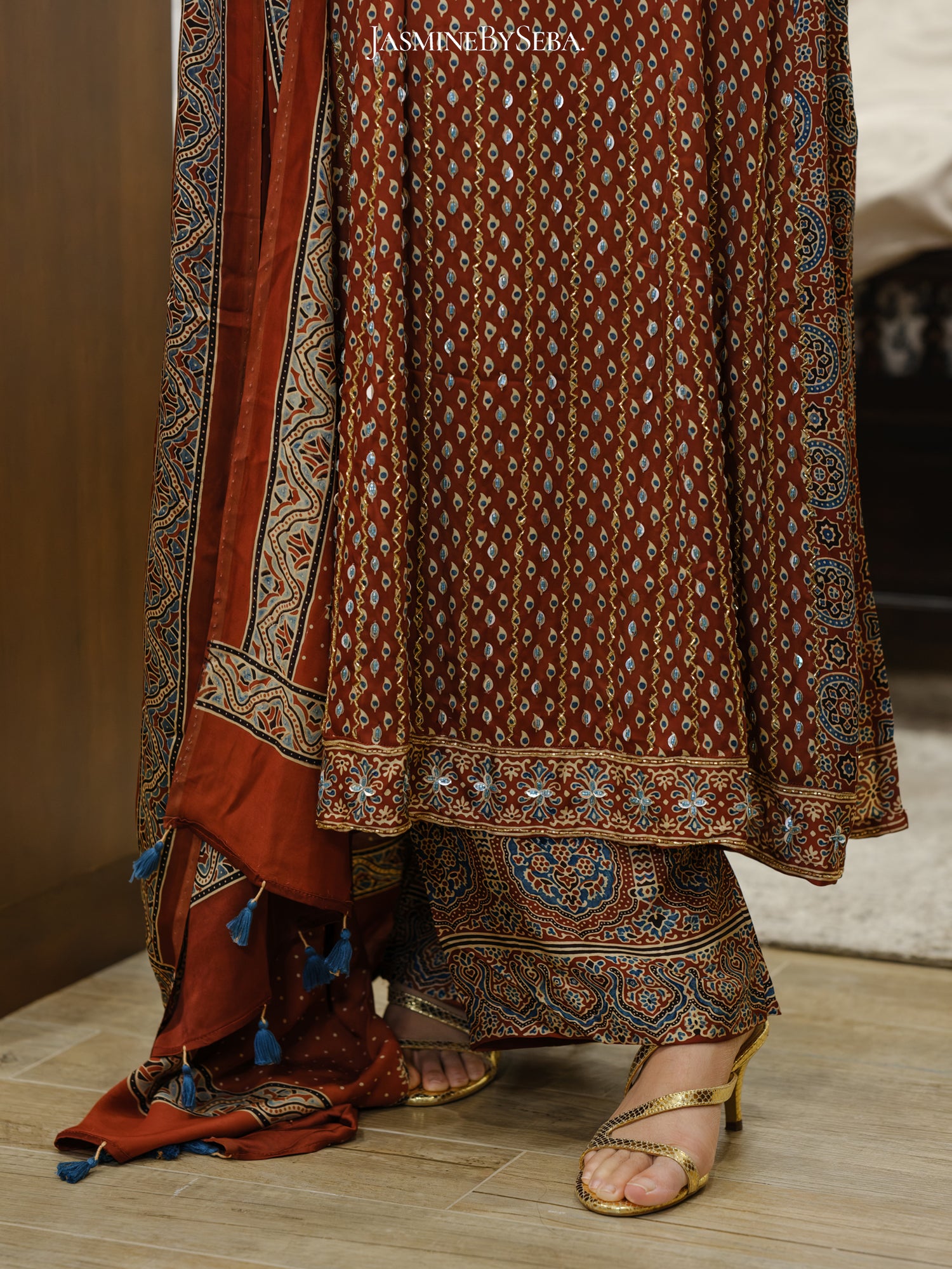 Bespoke ‘Jasmine’ hand block printed Ajrakh handcrafted modal silk panel cut salwar set with cut bead handwork