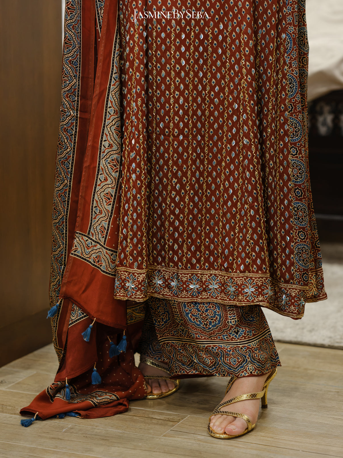 Bespoke ‘Jasmine’ hand block printed Ajrakh handcrafted modal silk panel cut salwar set with cut bead handwork