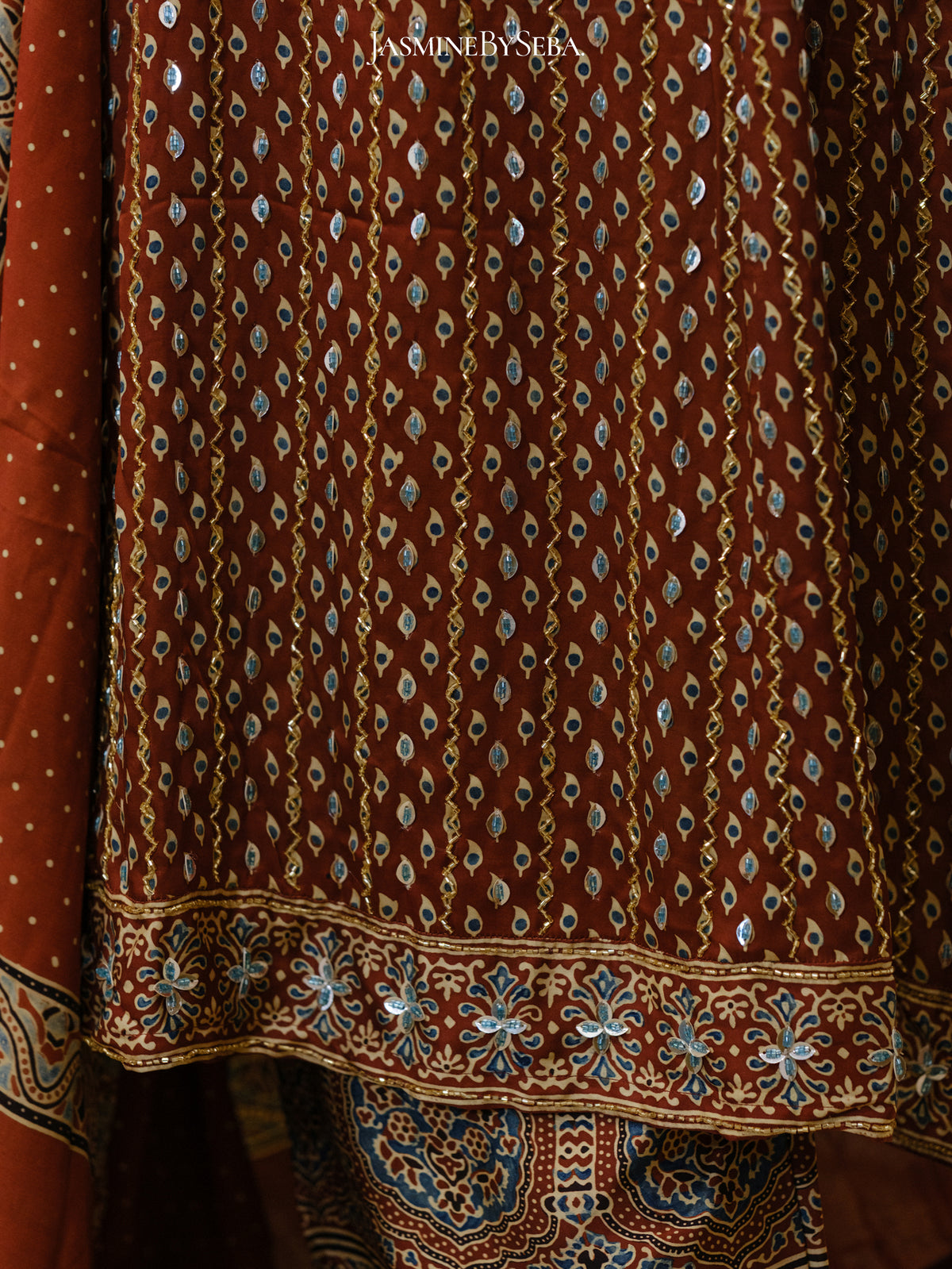 Bespoke ‘Jasmine’ hand block printed Ajrakh handcrafted modal silk panel cut salwar set with cut bead handwork