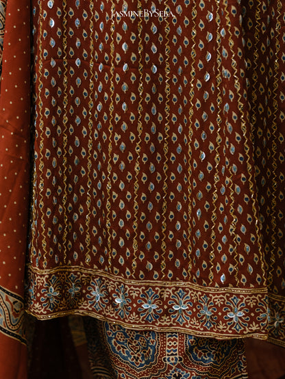 Bespoke ‘Jasmine’ hand block printed Ajrakh handcrafted modal silk panel cut salwar set with cut bead handwork